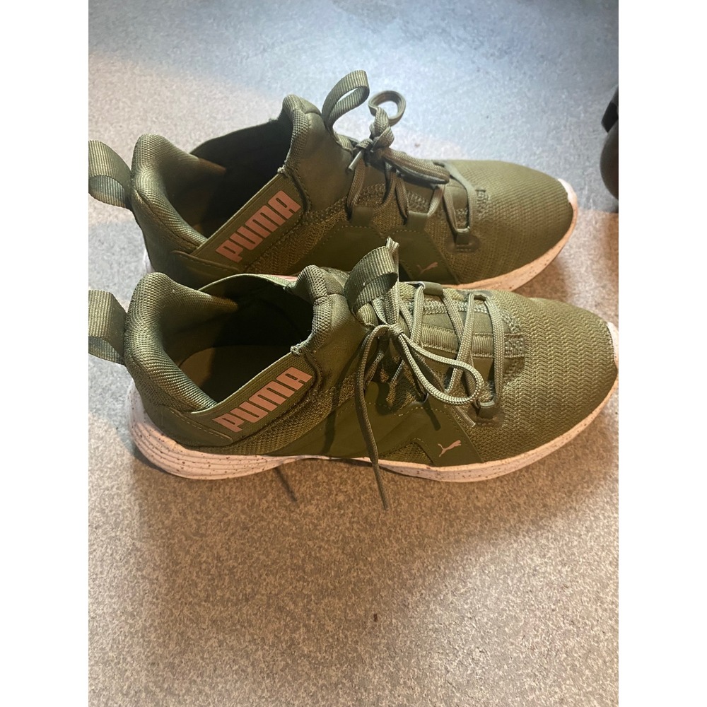 Puma Softride Sophia Olive Green Rose Gold Speckled Athletic Sneakers